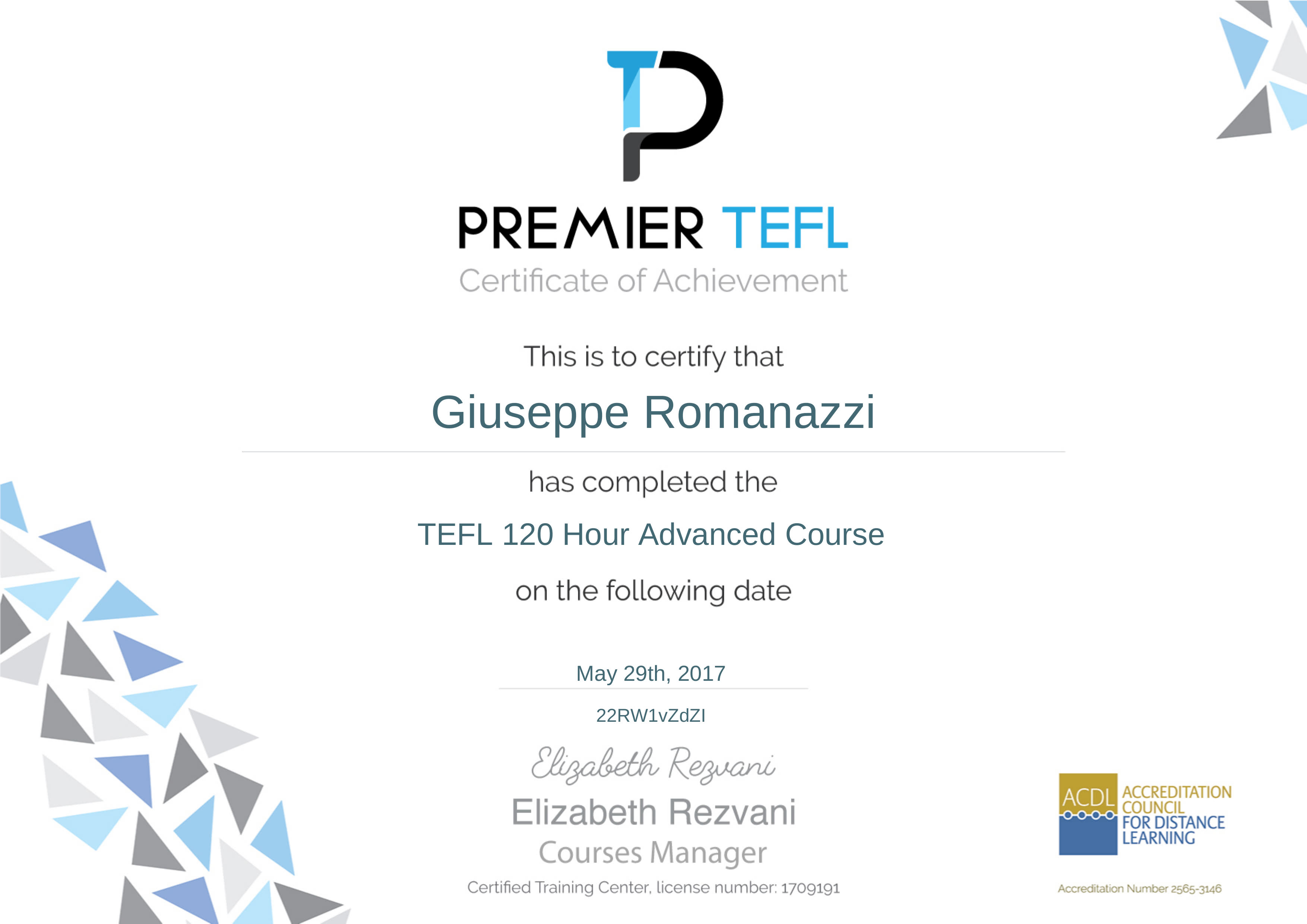 Certificazione corso TEFL avanzato di 120 ore.