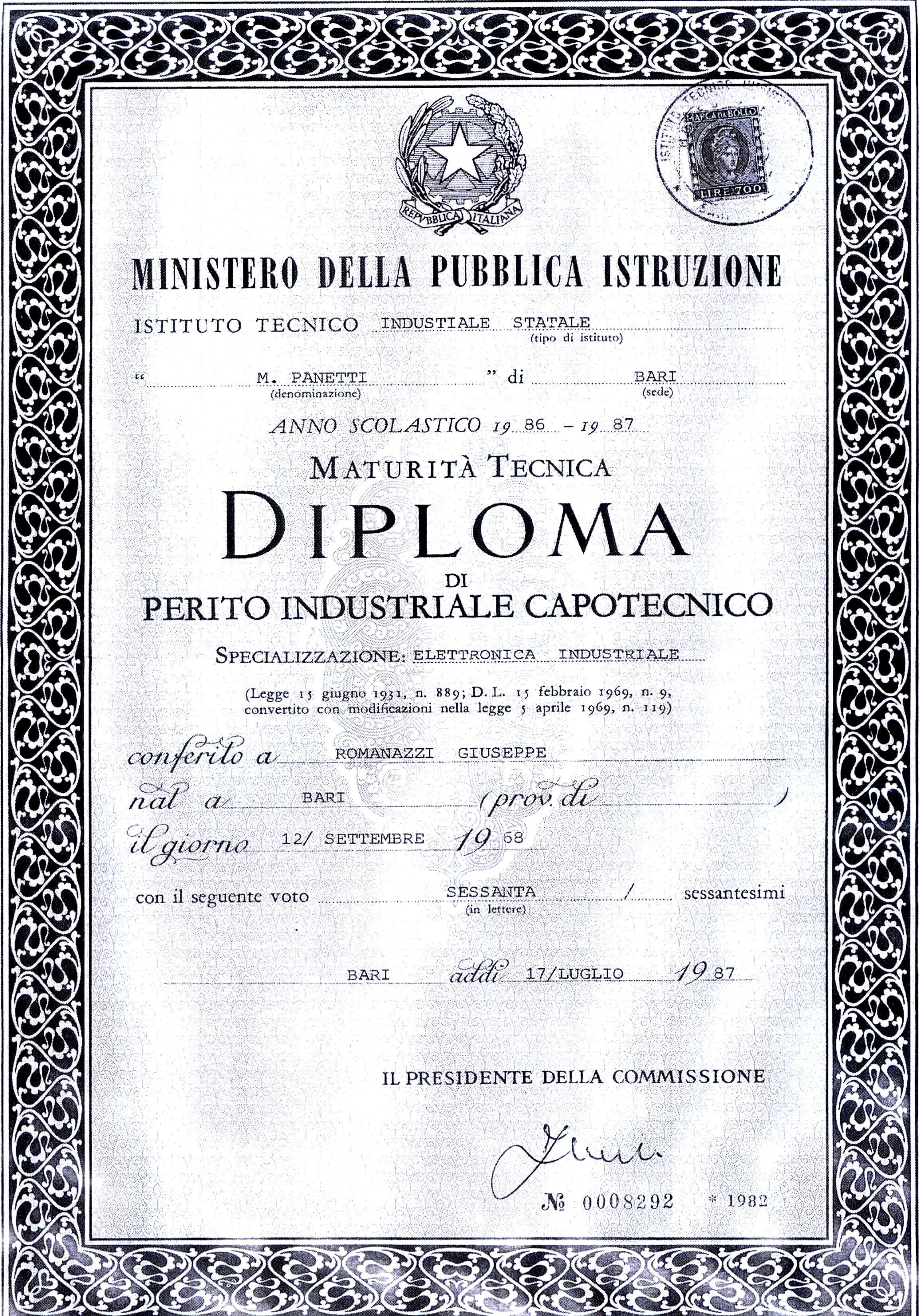 Diploma di Maturità Tecnica—Perito industriale capotecnico.